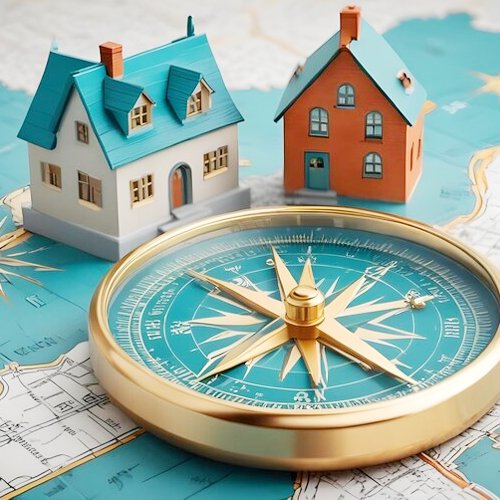 Gold compass on a detailed map with two model houses—one white with a blue roof and the other orange with a reddish-brown roof—suggesting navigation or real estate planning.